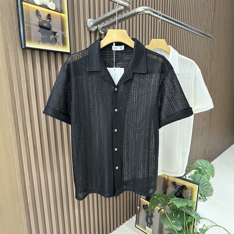 Summer Short Sleeved Shirt Hollow Knitted Men's Loose Trendy Brand   (Available)
