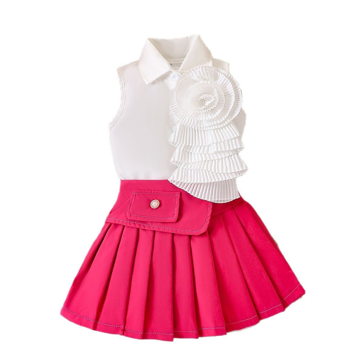 Girl's White Sleeveless Shirt With Rose Red Pleated Skirt Set (Available)
