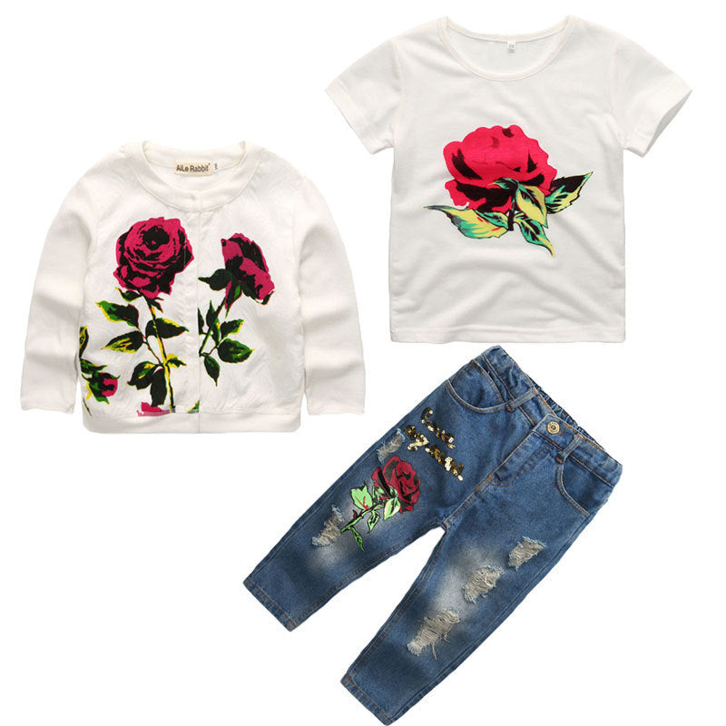 Big Kids Three-piece Suit Long-sleeved Jacket Sequined Jeans