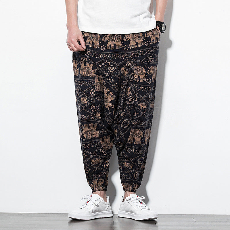 Foreign Trade Amazon 20 Spring And Summer Chinese Style Cotton And Linen Casual Pants Male Printing Long Pants Tide Large Size Loose Hip-Hop Pants (Available)