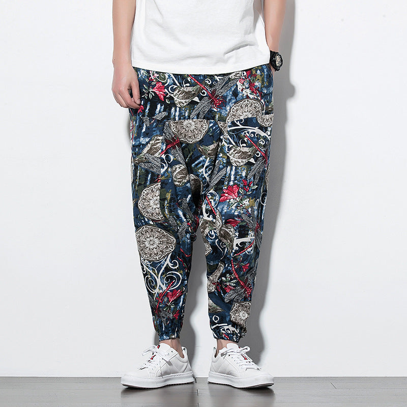 Foreign Trade Amazon 20 Spring And Summer Chinese Style Cotton And Linen Casual Pants Male Printing Long Pants Tide Large Size Loose Hip-Hop Pants (Available)