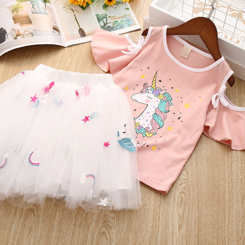 Girls Cartoon Print Short-sleeved T-shirt   Puffy Skirt
