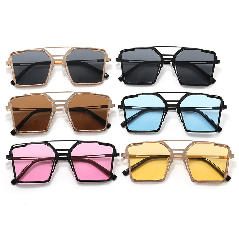 Steam Punk Sunglasses Men's Metal Hollow Square Frame Sunglasses Tide Double Beam Glasses