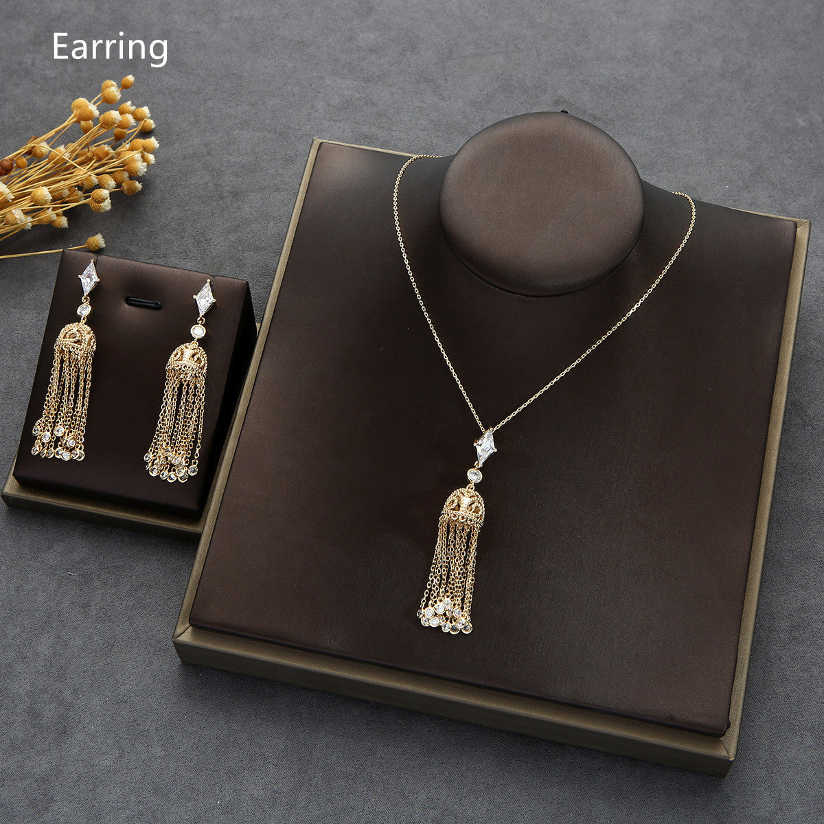 Hollow Earrings Geometric Diamond Necklace Set