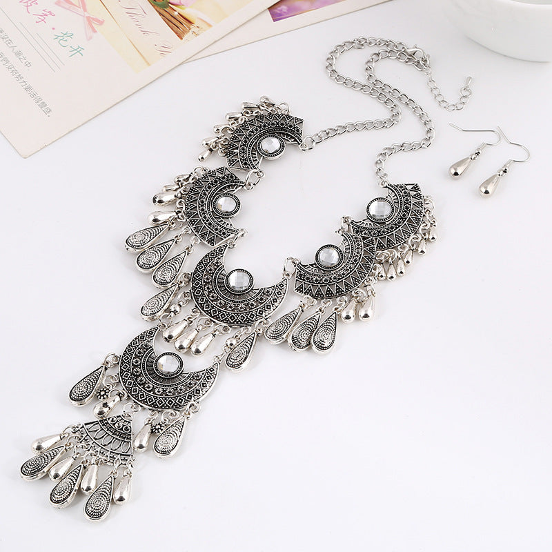 Vintage Gemstone Water Drop Carved Hollow Necklace Set