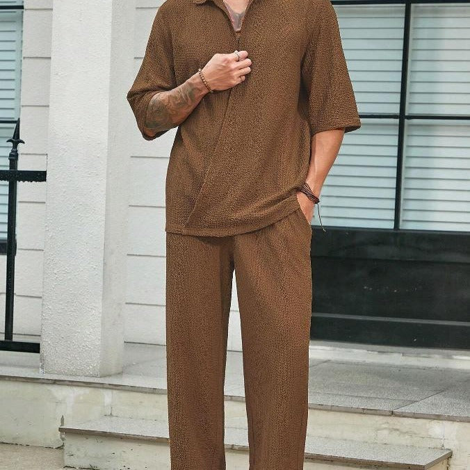 Commuter Suits Summer Short-sleeved Top And Loose Straight Trousers Casual Outfits Outdoor Mens Clothing   (Available)