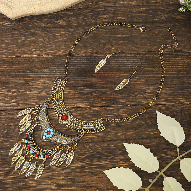 European And American Retro Multi-layer Alloy Tassel Leaves Necklace And Earrings Suite