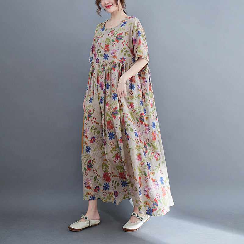 Artistic Large Size Loose Plump Girls Cotton And Linen Printed Short-sleeved Dress Women's Clothing  "Artistic Large Size Loose Plump Girls Cotton And Linen Printed Short-sleeved Dress Women's Clothing   (Available)