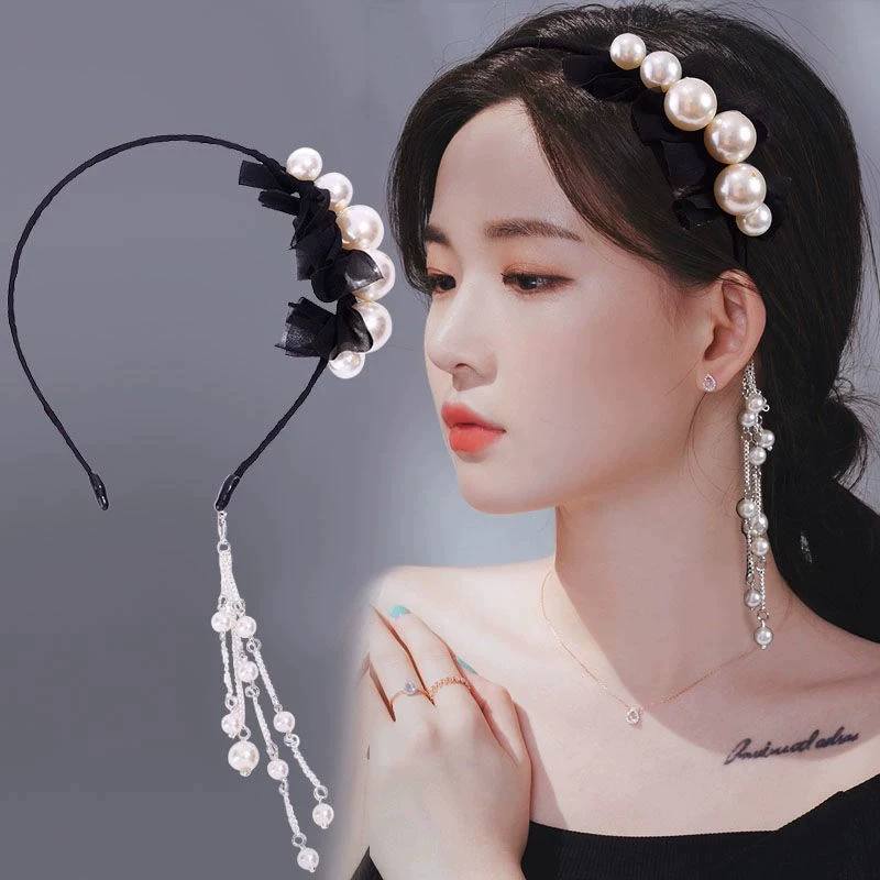 Bling Tassel Headband Woman Grace Earrings Tassels Hair Hoop Fashion Diamond Pearl Hair Bands Headband
