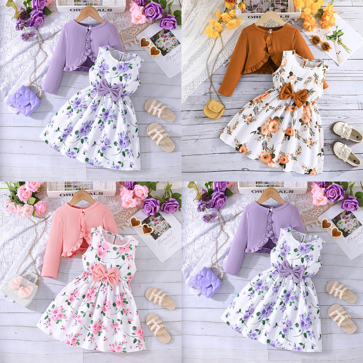 Girls' Colorful Suspender Skirt Solid Color Coat Set (available)