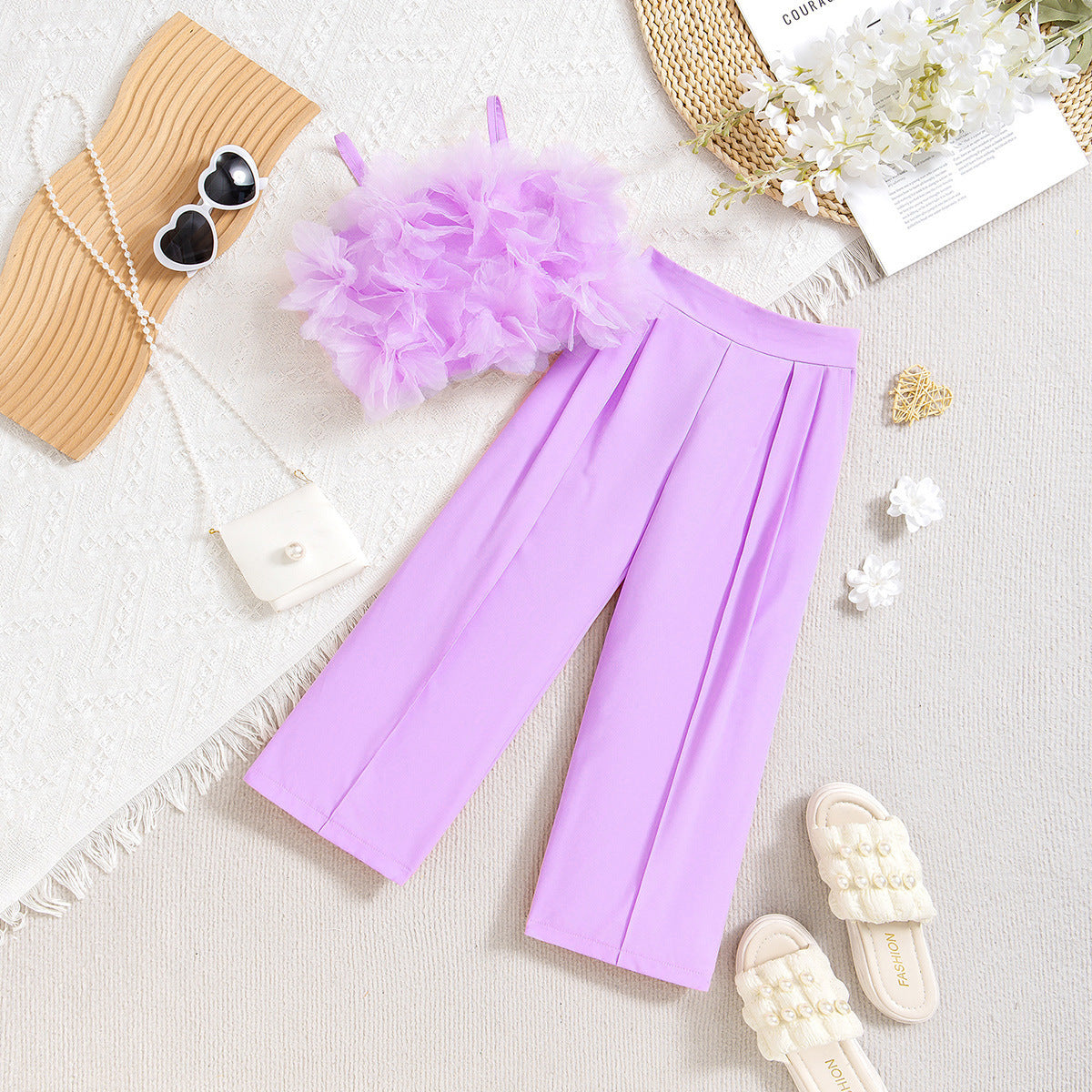 Mesh Three-dimensional Flower Sling Top Slim Fit Suit Pants Suit