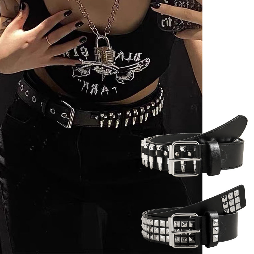 Rivet Belt Rock Trend Punk Bullet Black Belt Men And Women Personality Fashion Hip-hop Accessories (Available)