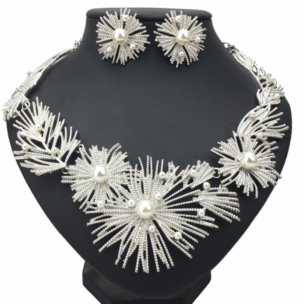 Faux Pearl Wedding Necklace Earrings Set Alloy
