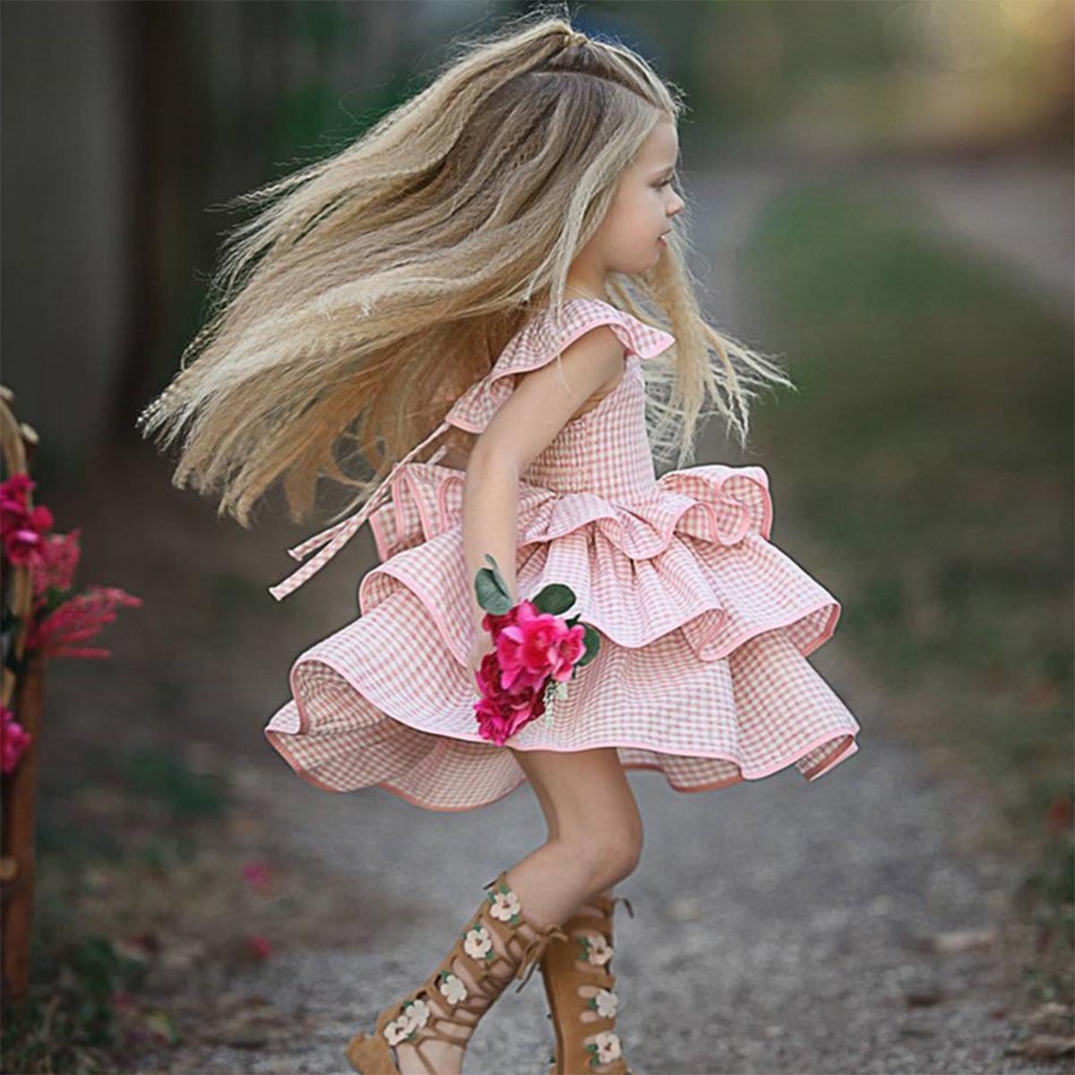 Plaid Backless Flying Sleeve Lace Up Dress Children's Sling Cake Dress