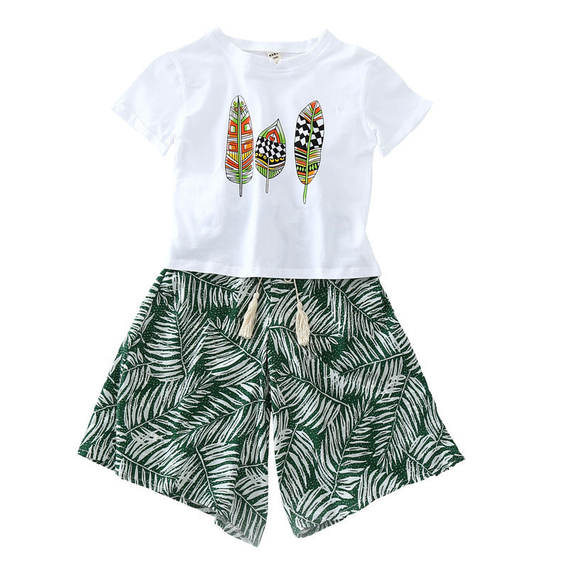 Korean Style Leaf Printed Wide-leg Pants Two-piece Set