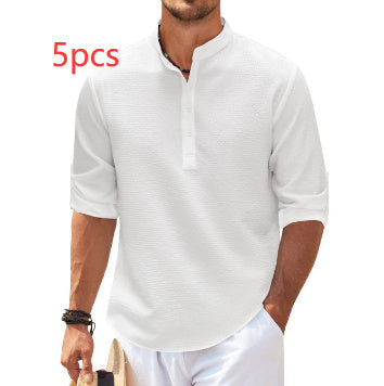Men's Casual Shirt  Long Sleeve Stand Collar Solid Color Shirt Mens Clothing (Available)