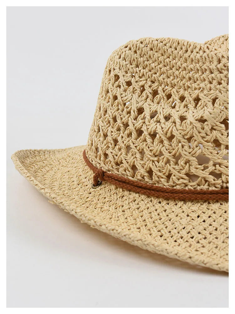 Panama Hat Summer Sun Hats for Women Man Hollow Out Beach Straw Hat for Men UV Protection Cap Chapeau Femme Women's Cowboy Hat