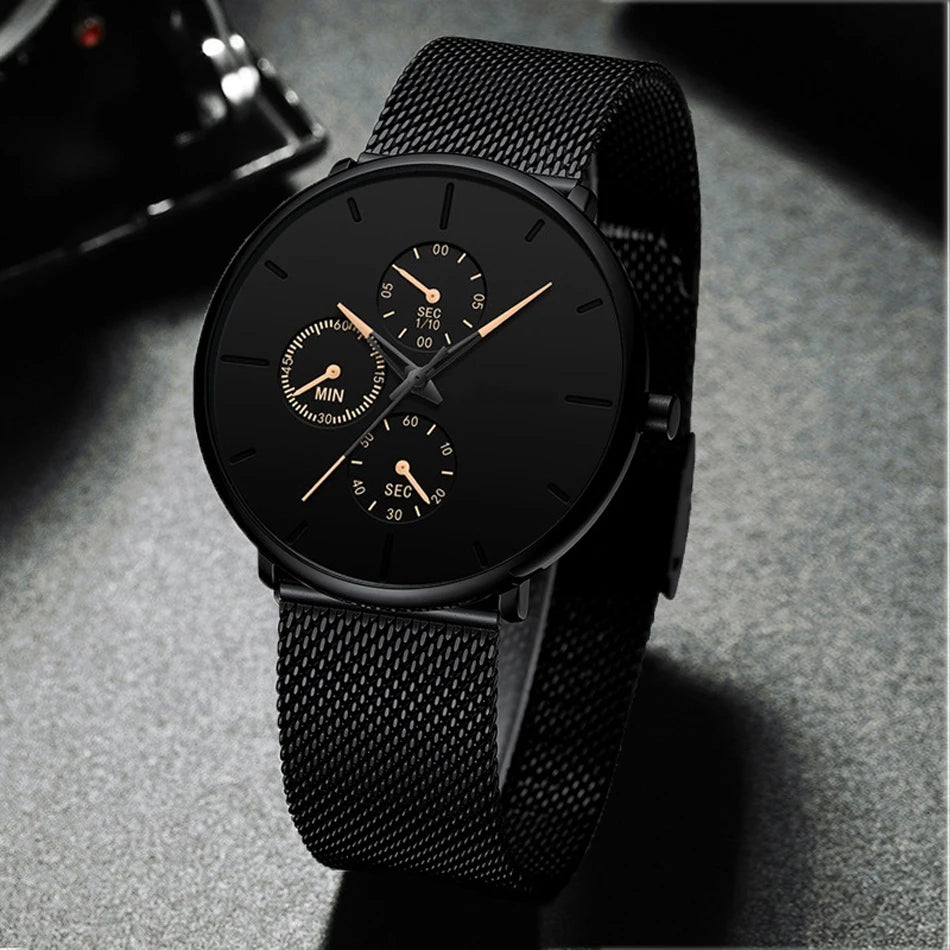 Mens Luxury Watches for Men Business Casual Ultra Thin Clock Male Stainless Steel Mesh Belt Quartz Watch relogio masculino