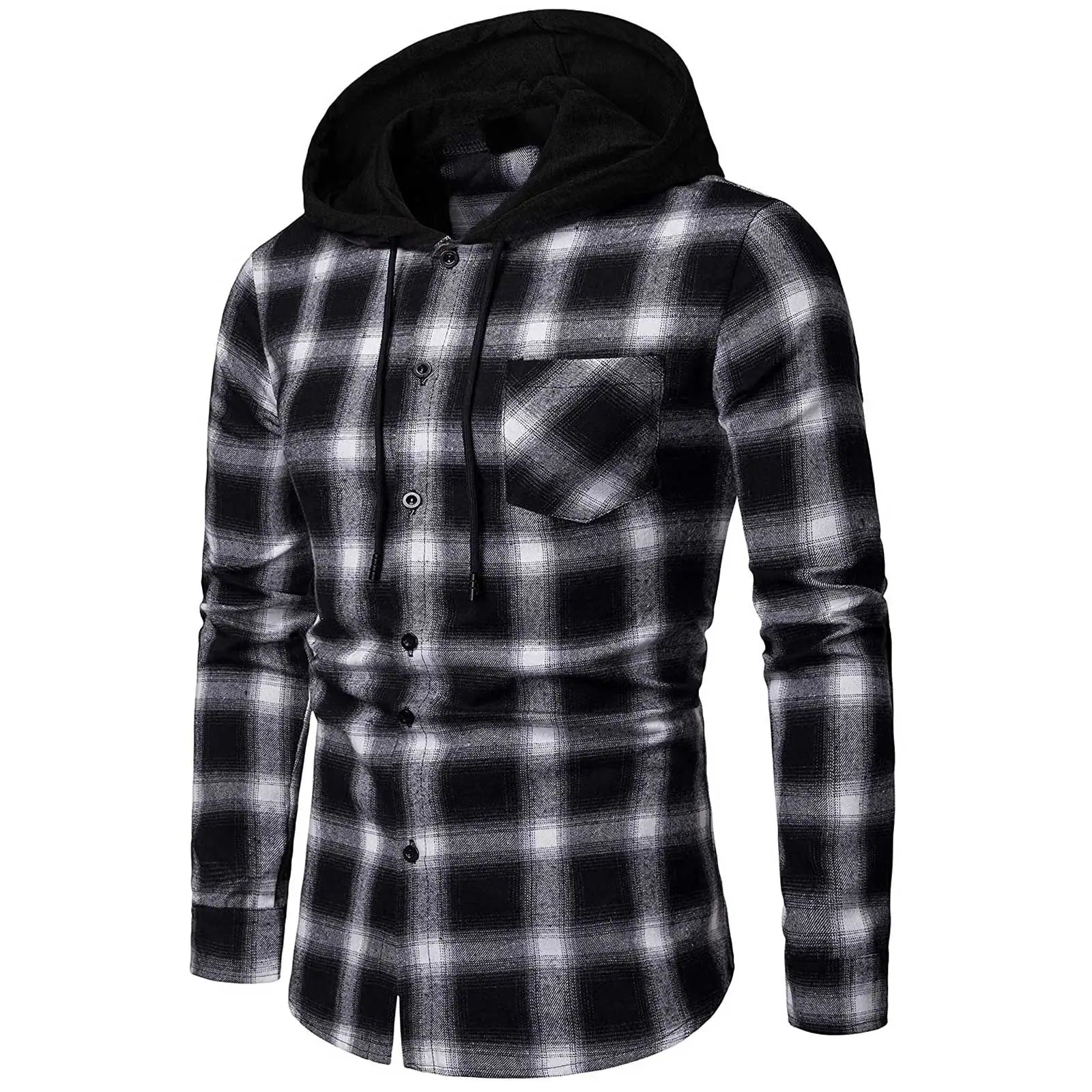 Men's Shirts Autumn Fashion Casual Plaid Shirts Long Sleeve Cotton high quality Pullover Hooded Shirt Winter Mens Top Blouse