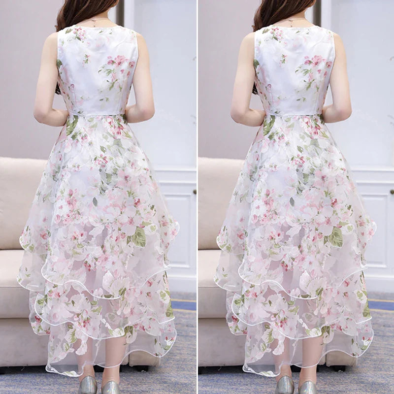 Summer High Low Retro Dress Vintage Women Sleeveless Front Back Short Long Organza Lace Dress Ladies Elegant Party Dress