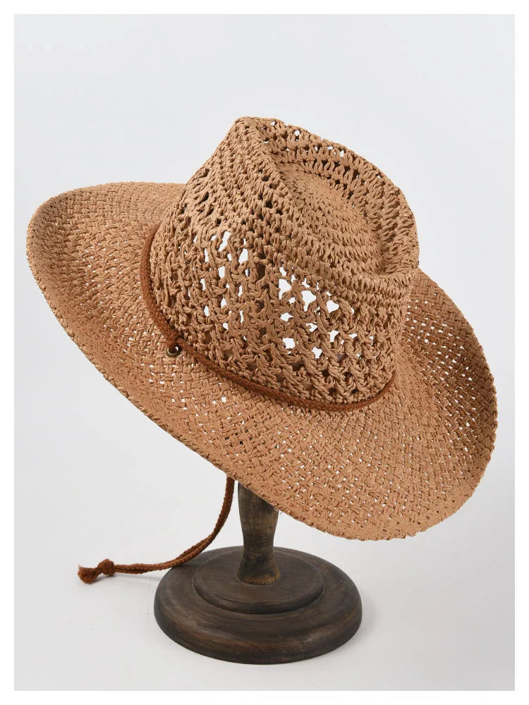 Panama Hat Summer Sun Hats for Women Man Hollow Out Beach Straw Hat for Men UV Protection Cap Chapeau Femme Women's Cowboy Hat