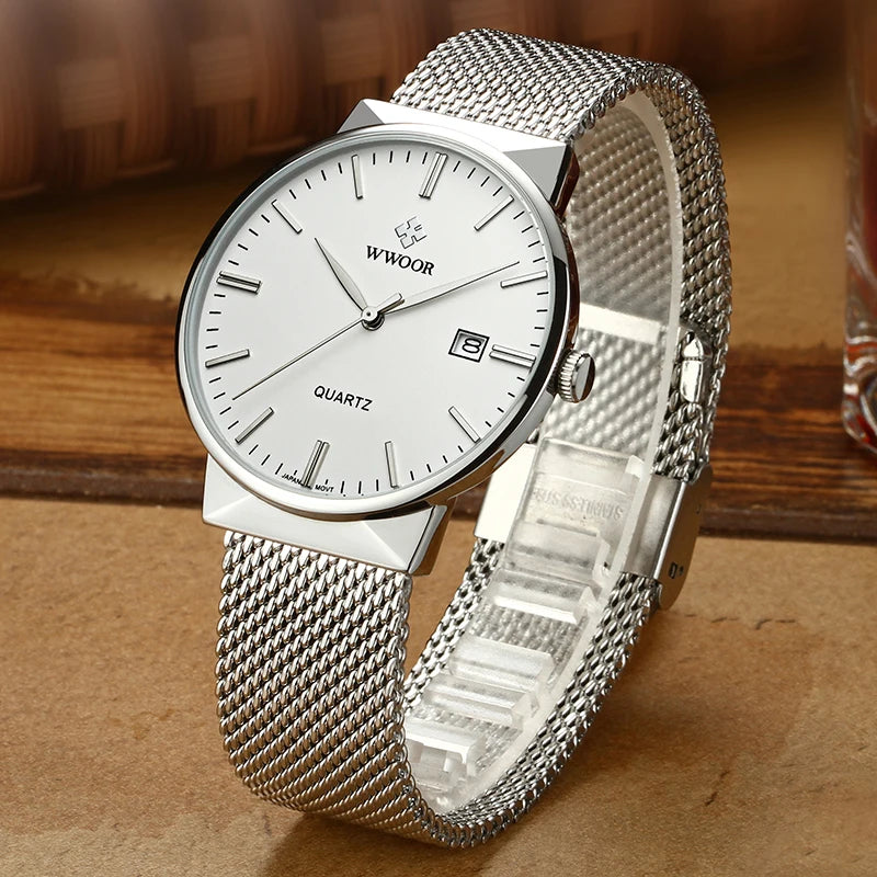 WWOOR Mens Watches 2025 Luxury Brand Quartz Casual Dress Watches For Men Stainless Steel Mesh belt Waterproof Calendar Watch Men