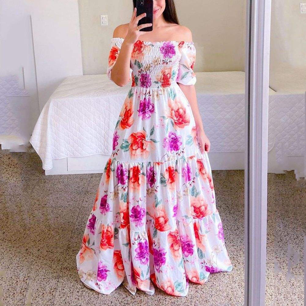 Fashion Ladies Long Summer One-shoulder Floral Dress  (Available)
