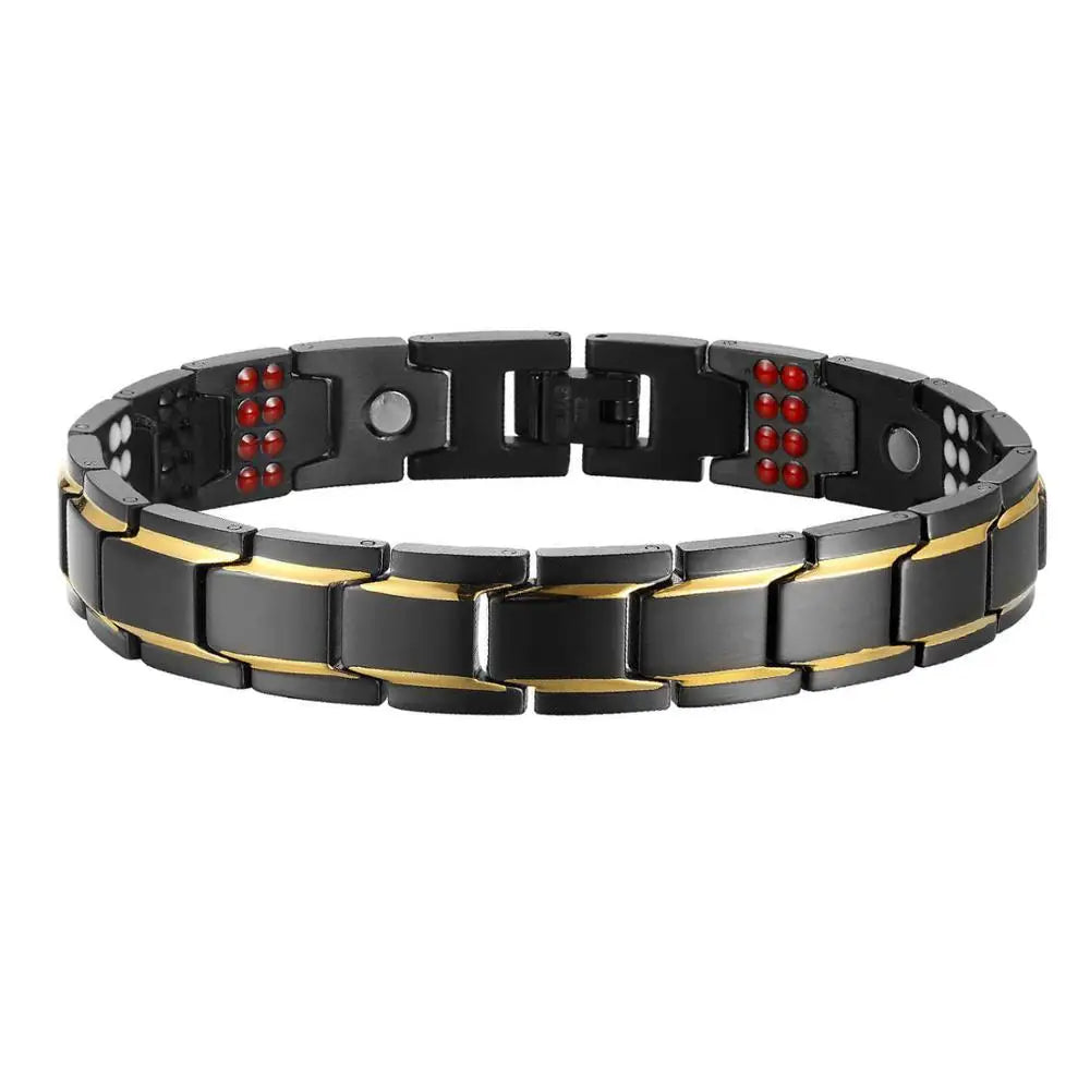 Mens Black Bracelet Gold Color Health Energy Germanium Stainless Steel Bracelet 4 IN 1 Magnetic Health Bracelets for Men Jewelry