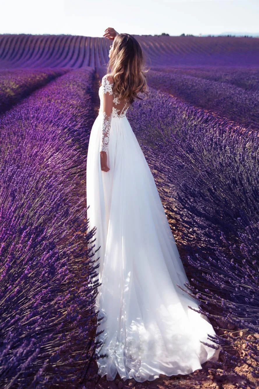 Women's Sexy Party Dinner Dresses White Long-sleeve Perspective Lace Wedding Slim High Waist Big Swing Ladies Long Dress