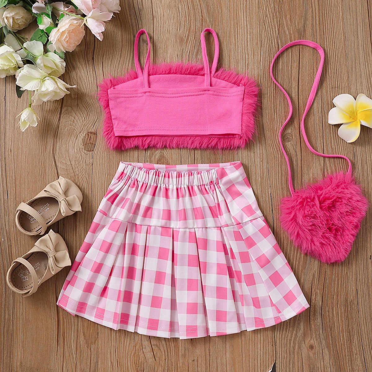 Girls' Fur Sling Solid Color Fur Button Pleated Skirt Bag