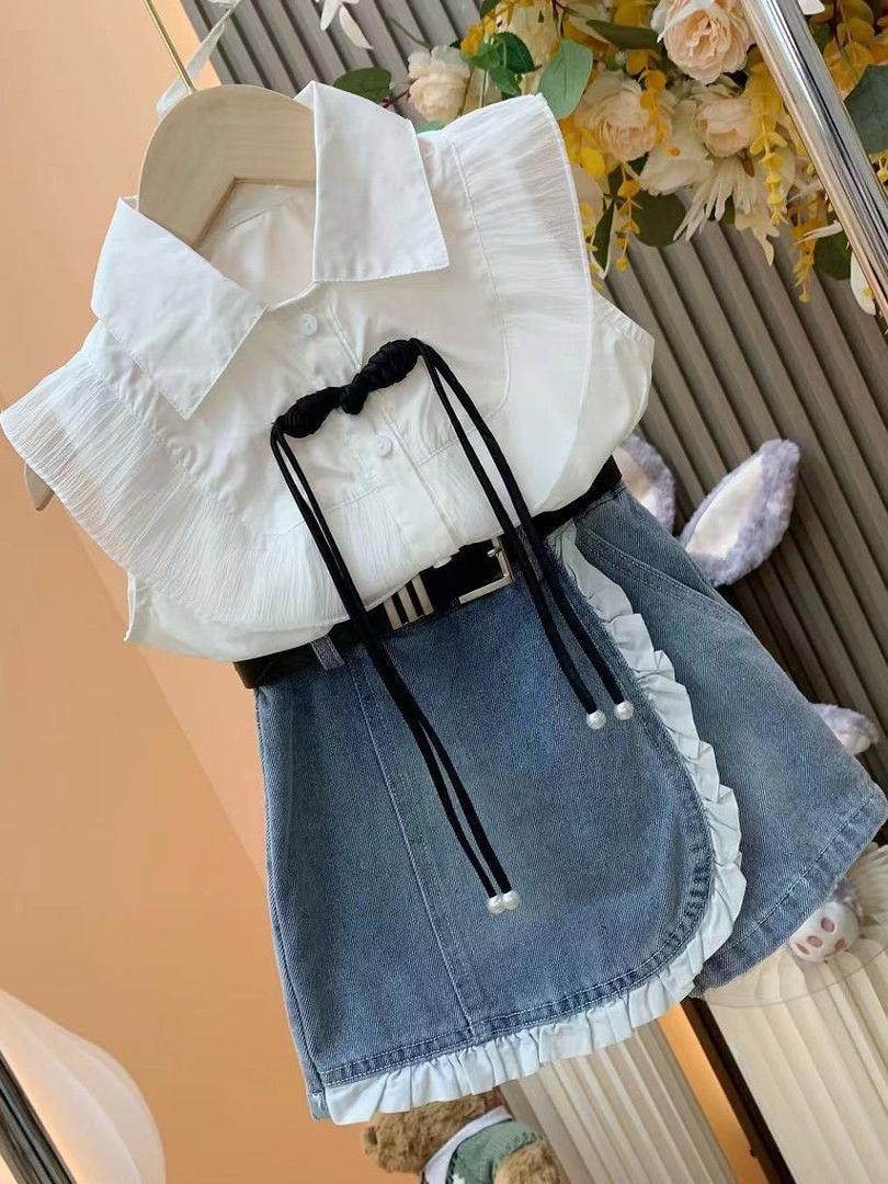 Girls princess style suit summer new baby girl flying sleeve shirt + denim lace skirt pants two-piece suit
