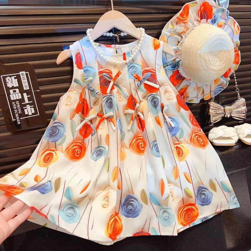 Girls Rose Flower Bowknot Dress  Baby Sweet Princess Dress Sleeveless Vest Dress with Hat