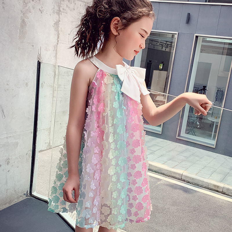 Girls sleeveless dress 2025 summer new color 3D flower skirt children's bow princess skirt
