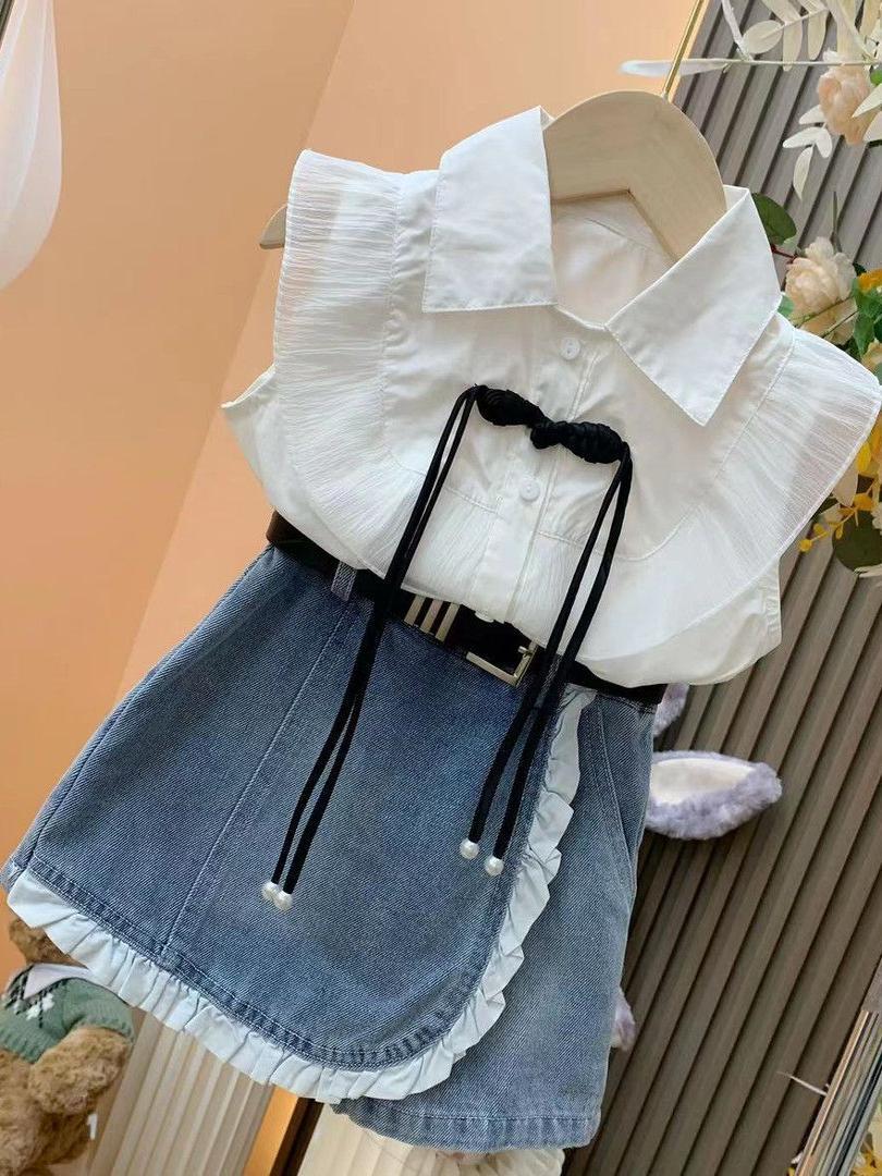 Girls princess style suit summer new baby girl flying sleeve shirt + denim lace skirt pants two-piece suit