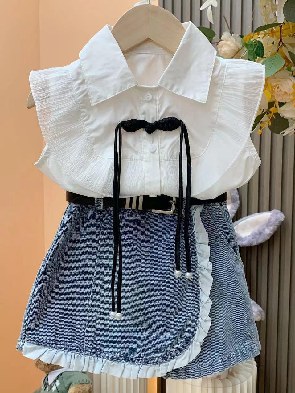 Girls princess style suit summer new baby girl flying sleeve shirt + denim lace skirt pants two-piece suit