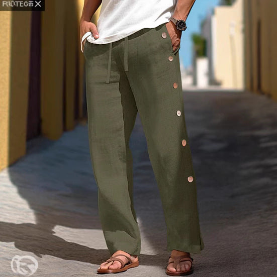 Men's Linen Trousers Drawstring Elastic Waist Side Buckle Solid Color Breathable Comfortable (Available)