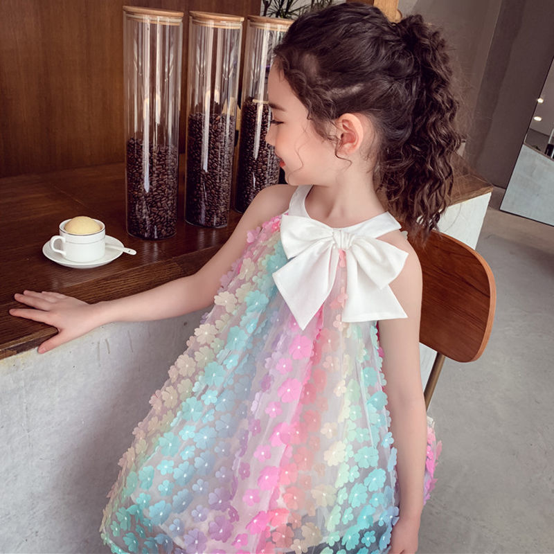 Girls sleeveless dress 2025 summer new color 3D flower skirt children's bow princess skirt