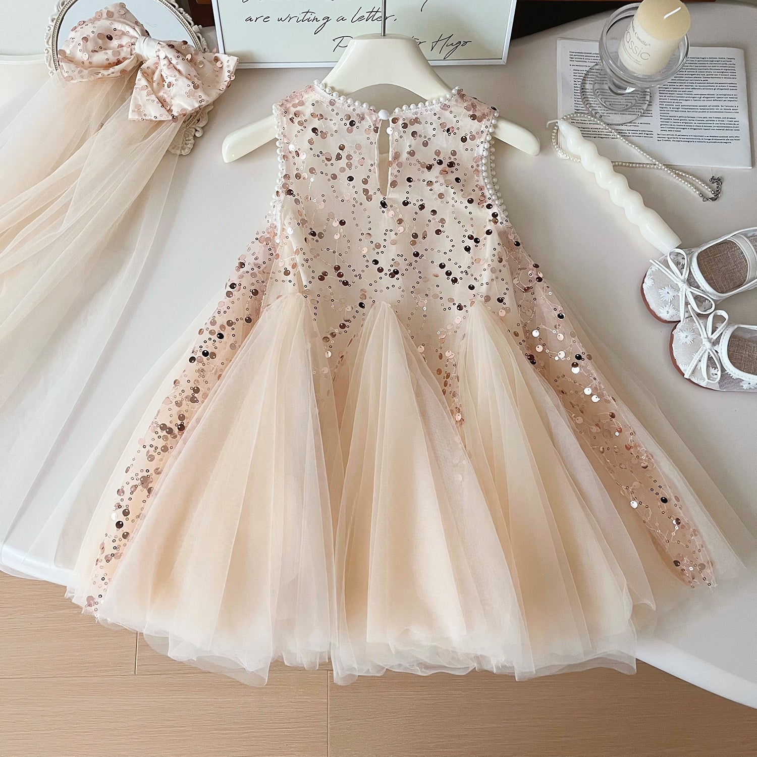 Summer New Korean Girls Beaded Sleeveless Dress Girls Sequined Mesh Princess Dress