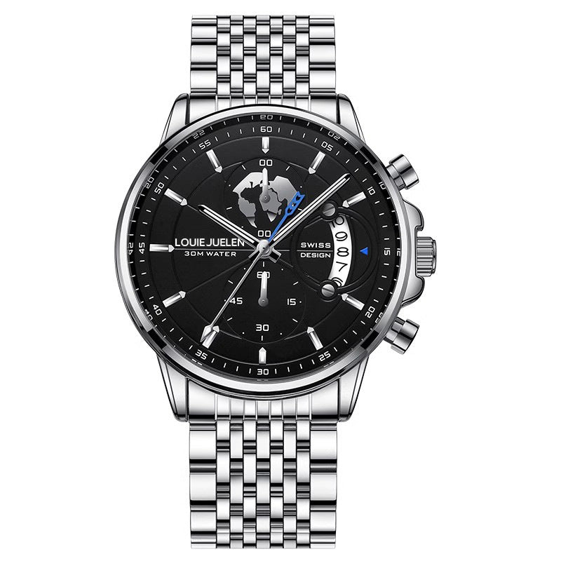 Business Three-eye Timing Leather Luminous Watch Steel Band