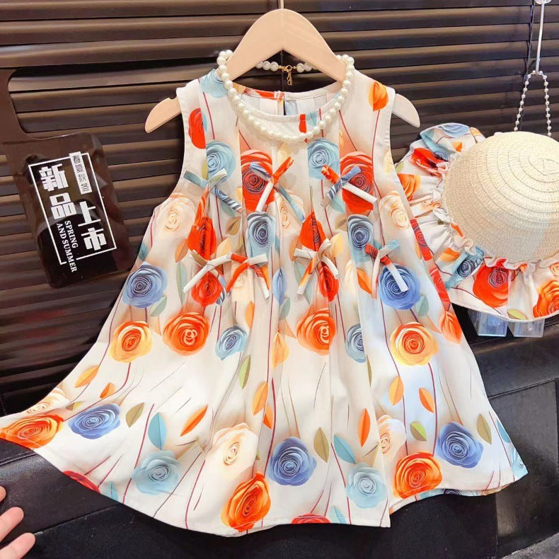 Girls Rose Flower Bowknot Dress  Baby Sweet Princess Dress Sleeveless Vest Dress with Hat