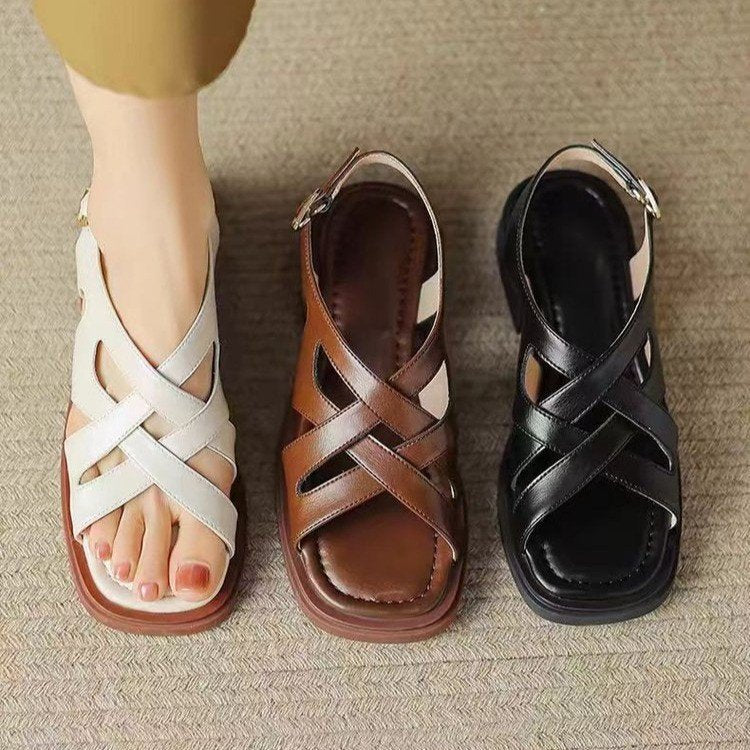 Women's Patent Leather Low Heel Square Toe Beach Sandals  (Available)
