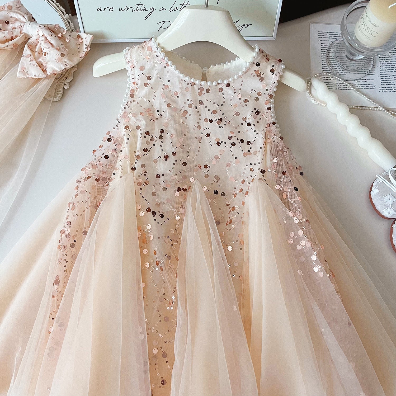Summer New Korean Girls Beaded Sleeveless Dress Girls Sequined Mesh Princess Dress