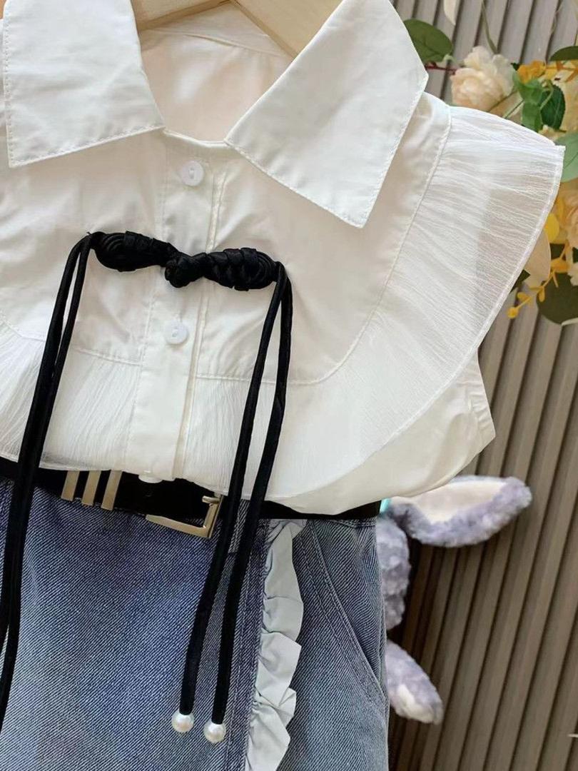 Girls princess style suit summer new baby girl flying sleeve shirt + denim lace skirt pants two-piece suit