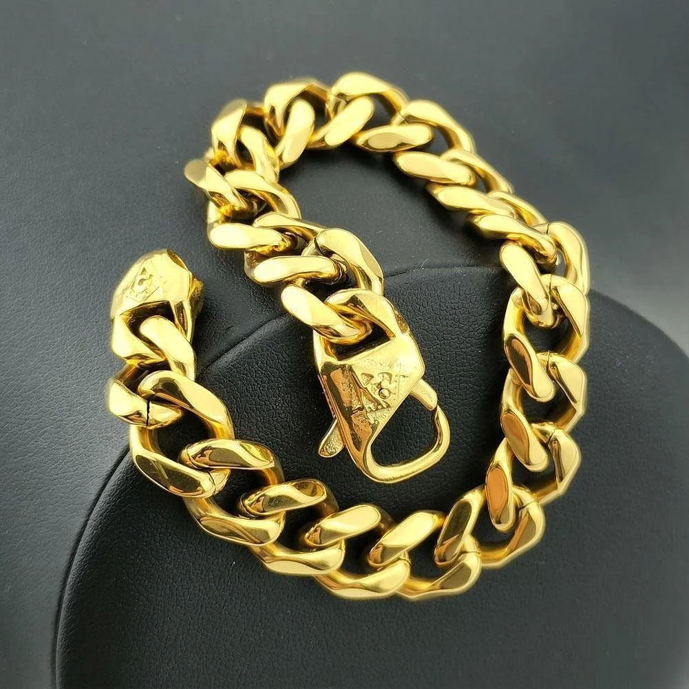 Freemasonry Masonic Mason Bracelet Mens Stainless Steel Yellow 11mm Width