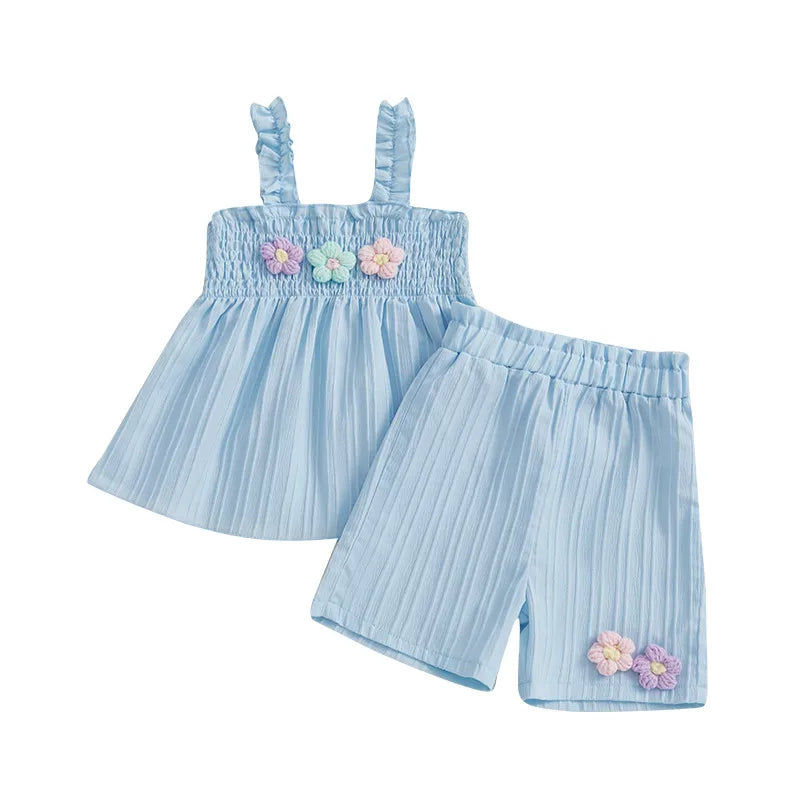 0-4years Baby Girl Summer Outfit 3D Flower Design Ruffled Trim Smocked Sleeveless Tops and Shorts 2 Pcs Set for Toddler girls