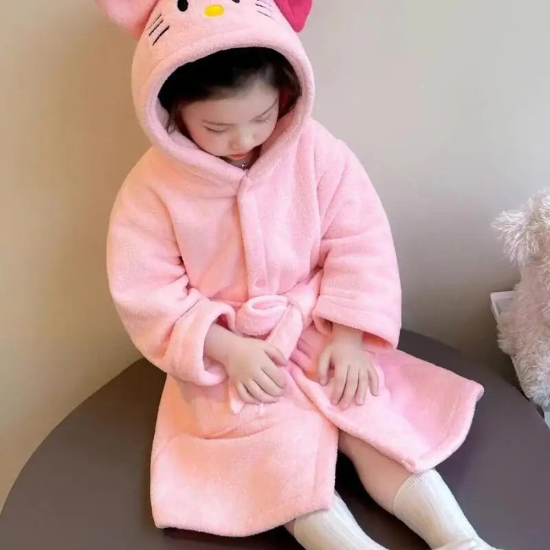Sanrio Hello Kitty Children Bath Robe Pajamas Terry Cloth Girls Babies Toddlers Spring Winter Home Wear Hooded Cozy Sleepwear