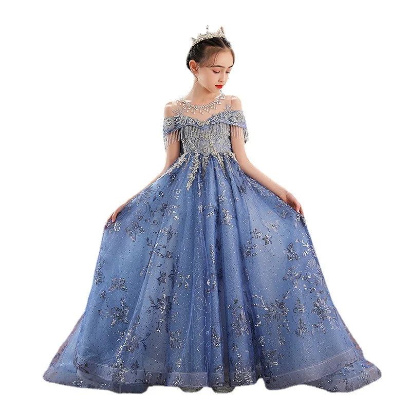 Girl Elegant Off Shoulder Dress Fashion Runway Show Luxurious Princess Dresses for Girls Birthday Party Long Kids Vestidos (Available)