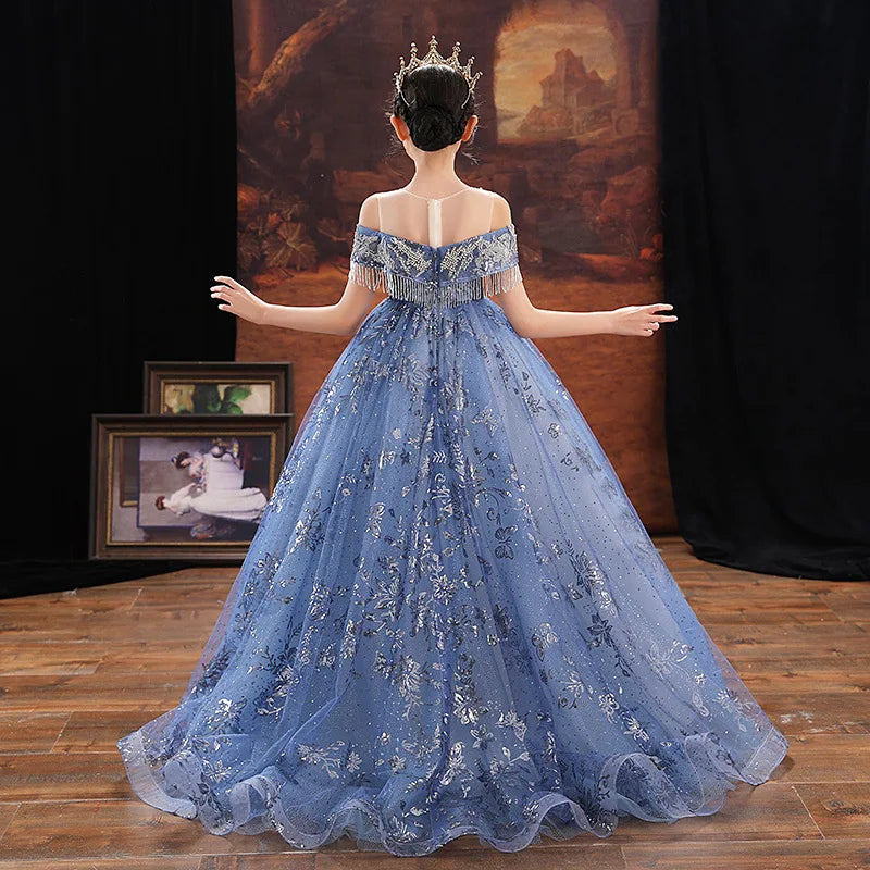 Girl Elegant Off Shoulder Dress Fashion Runway Show Luxurious Princess Dresses for Girls Birthday Party Long Kids Vestidos (Available)