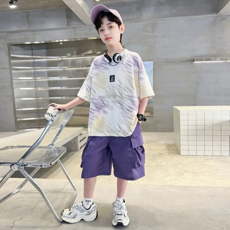 Hip Hop Children Cotton Solid Sportswear Kid Boys Clothing Set Boys Summer Suit Teen Boys Short Sleeve + Pants 2piece  loose