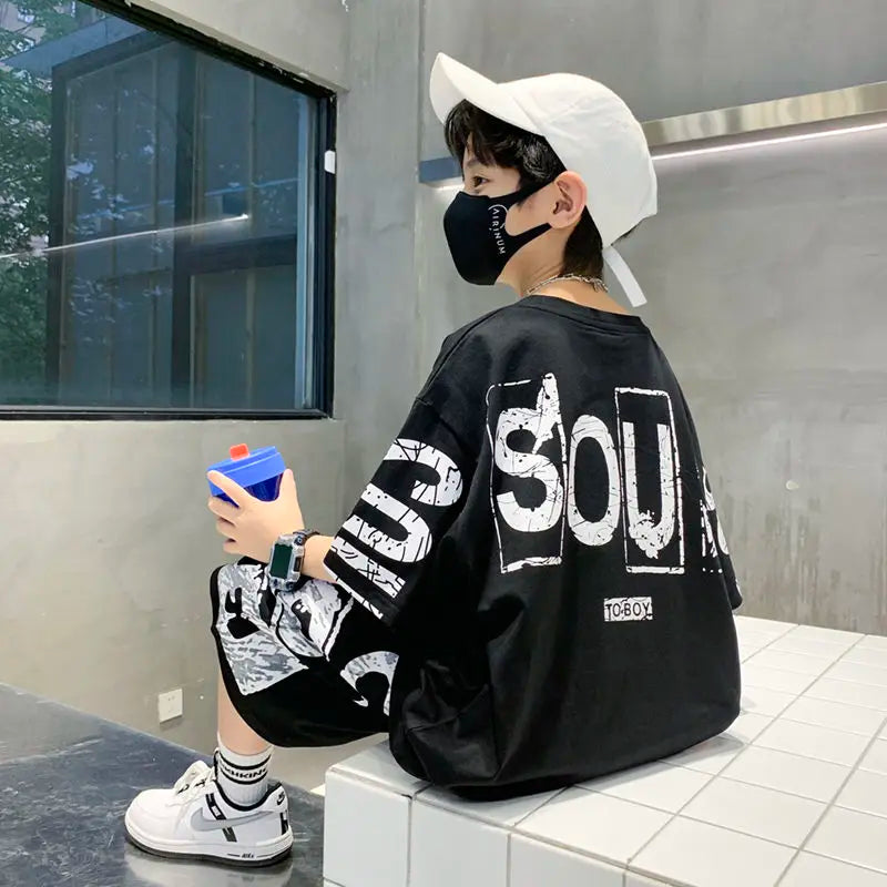 Boys Summer Trendy Casual Sports 2pcs T-shirts+Pants Suits 3-14 Years Teenage Boys Hip Hop Style Fashion Outfits Clothes Sets (Available)